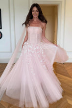 Load image into Gallery viewer, Princess A Line Pink Floral Spaghetti Straps Tulle Ball Gown Prom Dress with Corset Bodice