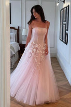 Load image into Gallery viewer, Princess A Line Pink Floral Spaghetti Straps Tulle Ball Gown Prom Dress with Corset Bodice
