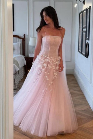 Princess A Line Pink Floral Spaghetti Straps Tulle Ball Gown Prom Dress with Corset Bodice