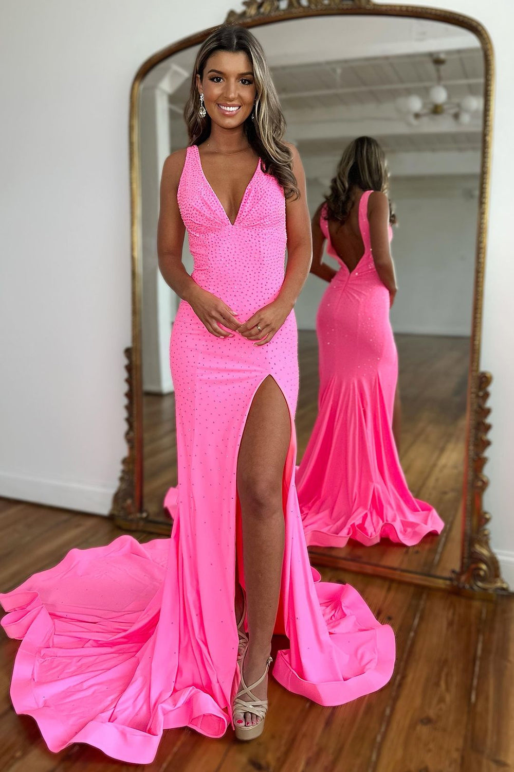Luuvis Sparkly Pink Mermaid V-Neck Sweep Train Beaded Prom Dress With Split Luuvis Sparkly Pink Mermaid V-Neck Sweep Train Beaded Prom Dress With Split