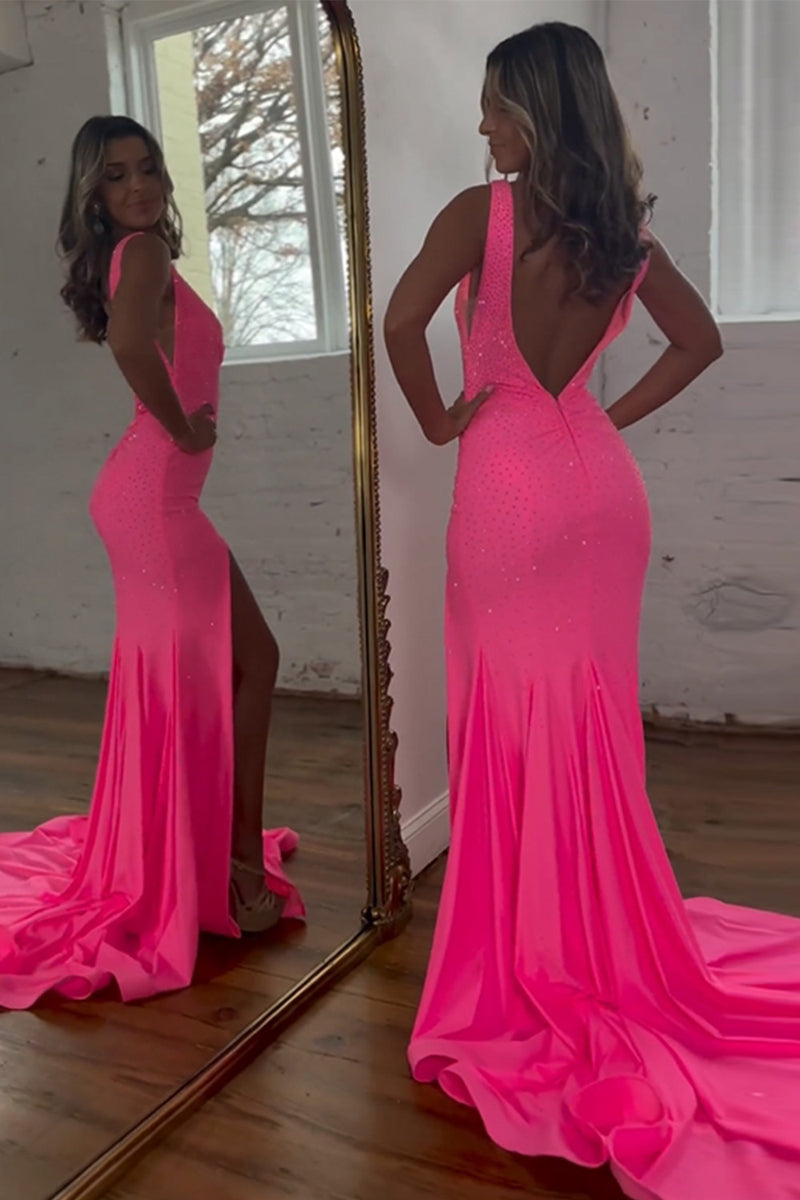 Luuvis Sparkly Pink Mermaid V-Neck Sweep Train Beaded Prom Dress With Split
