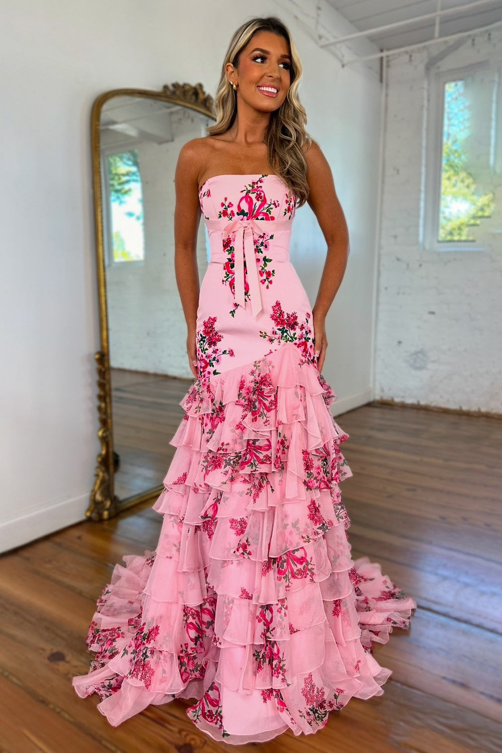 Pretty Pink Strapless Long Mermaid Prom Dress with Ruffle Print Chiffon Skirt