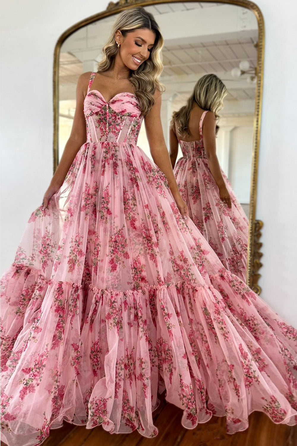 Luuvis Women Pink Romantic A-Line Spaghetti Straps Long Print Tulle Prom Dress