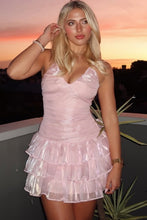 Load image into Gallery viewer, Pink Shimmer Halter Nack Backless Tiered Ruffle Mini Homecoming Dress
