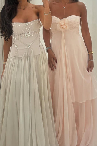 Pretty A Line Sweetheart Light Yellow Long Party Dress with Flowers Ruffles