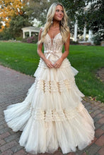 Load image into Gallery viewer, Champagne A-Line Off The Shoulder Long Tulle Prom Dress With Split And Sash