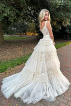 Load image into Gallery viewer, Champagne A-Line Off The Shoulder Long Tulle Prom Dress With Split And Sash
