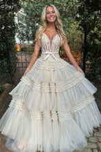 Load image into Gallery viewer, Champagne A-Line Off The Shoulder Long Tulle Prom Dress With Split And Sash