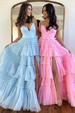 Load image into Gallery viewer, Stunning A-Line Spaghetti Straps Long Tiered Tulle Prom Dress With Split
