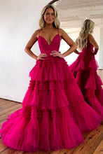 Load image into Gallery viewer, Stunning A-Line Spaghetti Straps Long Tiered Tulle Prom Dress With Split

