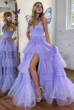 Load image into Gallery viewer, Stunning A-Line Spaghetti Straps Long Tiered Tulle Prom Dress With Split
