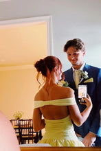 Load image into Gallery viewer, Pretty A Line Off the Shoulder Light Yellow Short Homecoming Dress