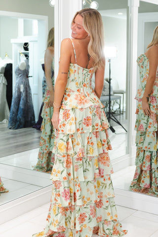 Pretty A Line Spaghetti Straps Light Green Floral Printed Corset Prom Dress with Ruffles