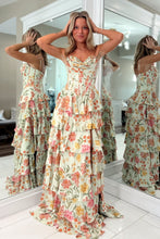 Load image into Gallery viewer, Pretty A Line Spaghetti Straps Light Green Floral Printed Corset Prom Dress with Ruffles