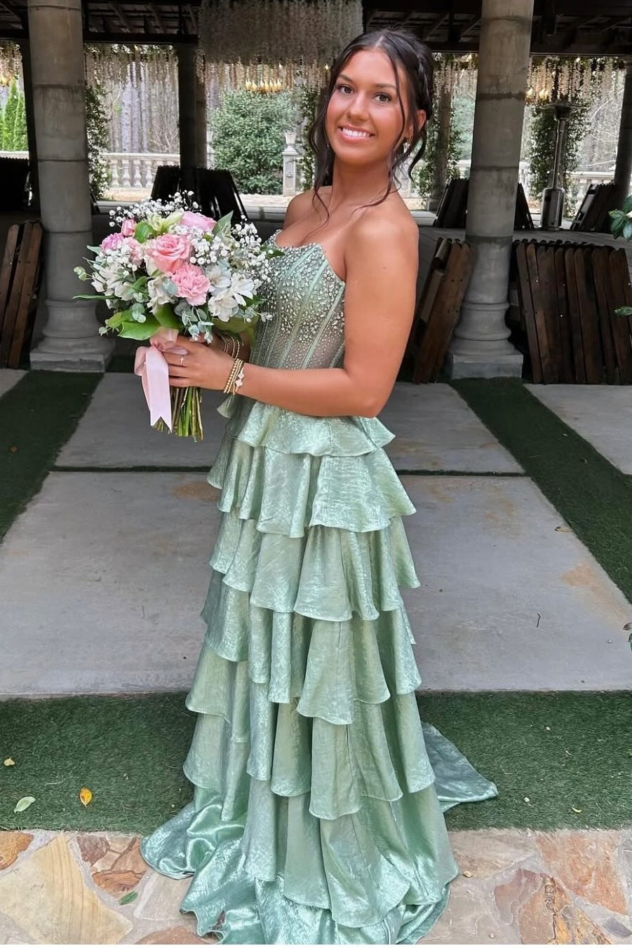 Pretty A Line Strapless Light Green Corset Prom Dress with Beading Ruffles