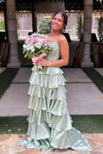 Load image into Gallery viewer, Pretty A Line Strapless Light Green Corset Prom Dress with Beading Ruffles