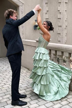 Load image into Gallery viewer, Pretty A Line Strapless Light Green Corset Prom Dress with Beading Ruffles