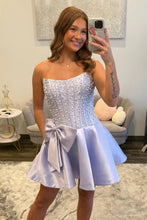 Load image into Gallery viewer, Pretty A Line Strapless Lilac Corset Homecoming Dress with Pearls Bowknot