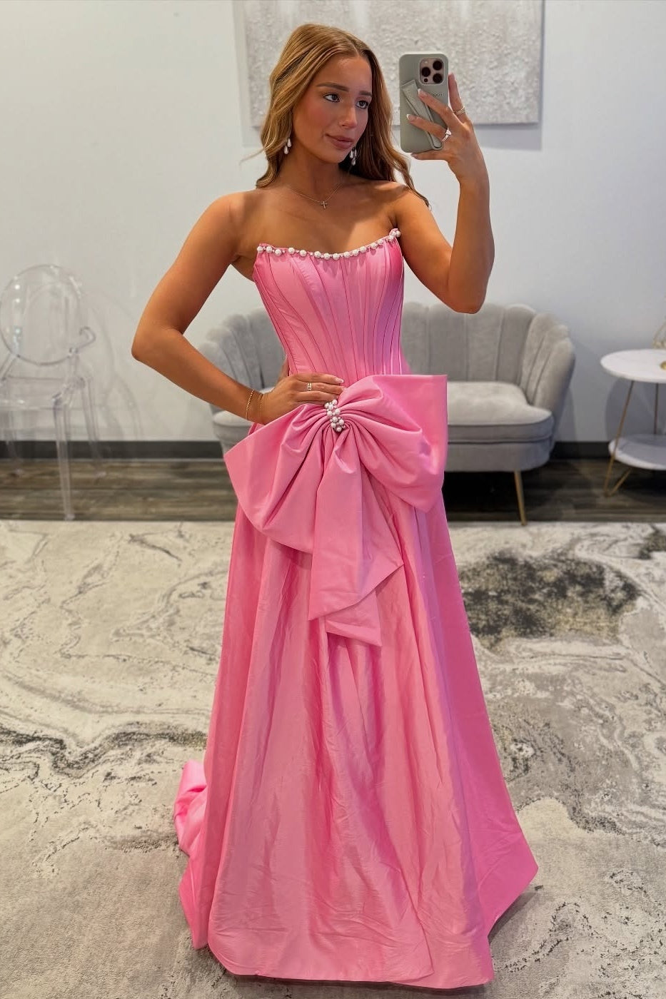 Pretty A Line Strapless Pink Corset Prom Dress with Bowknot Pearls
