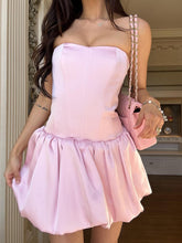 Load image into Gallery viewer, Pretty A Line Strapless Pink Satin Short Homecoming Dress with Criss Cross Back
