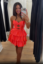 Load image into Gallery viewer, Pretty A Line Sweetheart Orange Short Homecoming Dress with Keyhole Ruffles