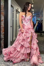 Load image into Gallery viewer, Pretty A Line Sweetheart Pink Corset Prom Dress with Appliques Ruffles