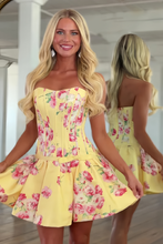 Load image into Gallery viewer, Pretty A Line Sweetheart Yellow Printed Corset Homecoming Dress with Bowknot