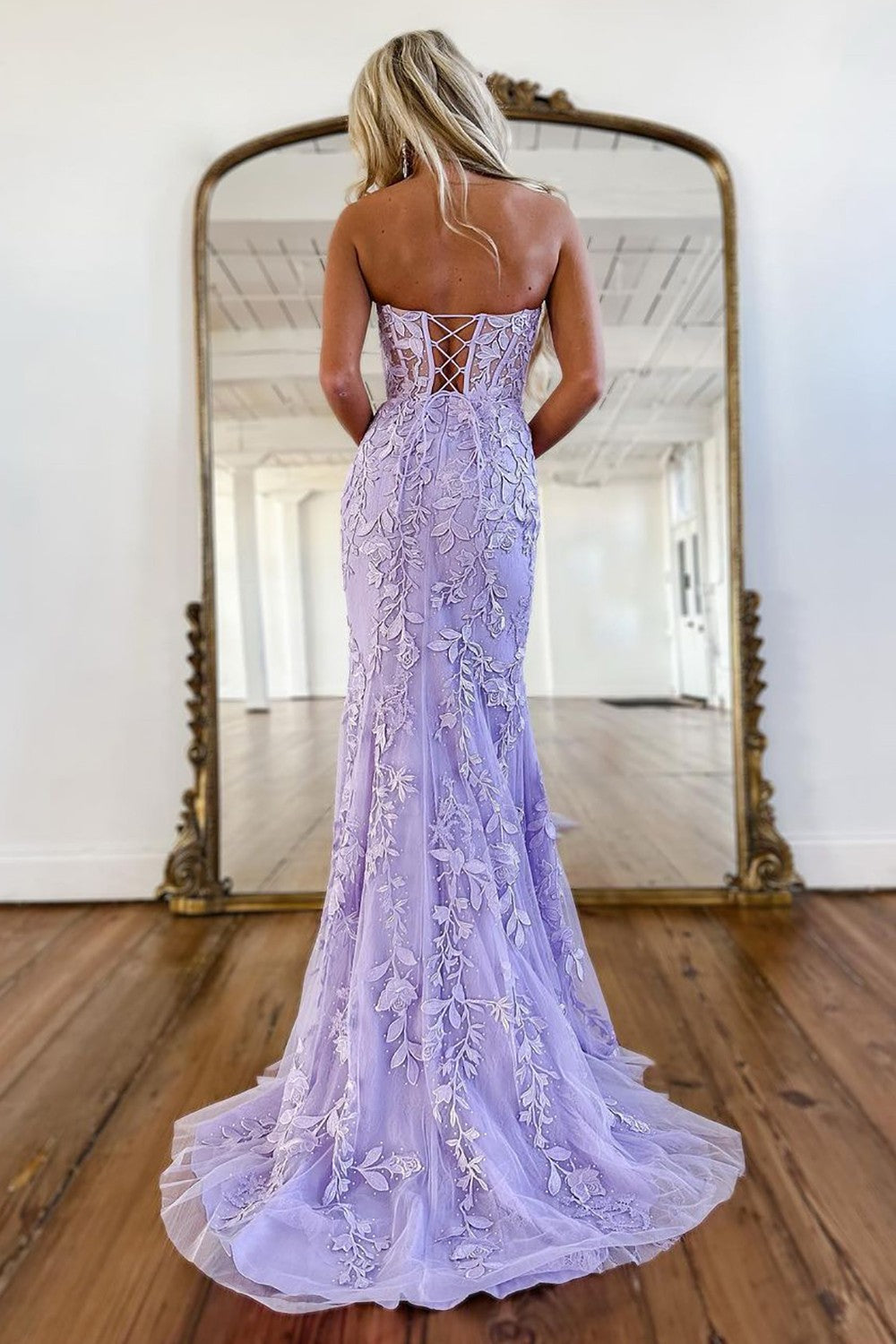Luuvis Women Pretty Lilac Mermaid Sweetheart Lace Up Long Tulle Prom