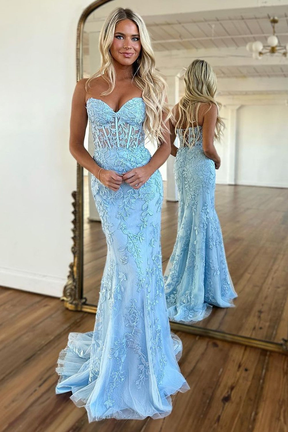 Modest Mermaid Sweetheart Lilac Tulle Sequin Flowers Evening Dress Long Prom Dresses
