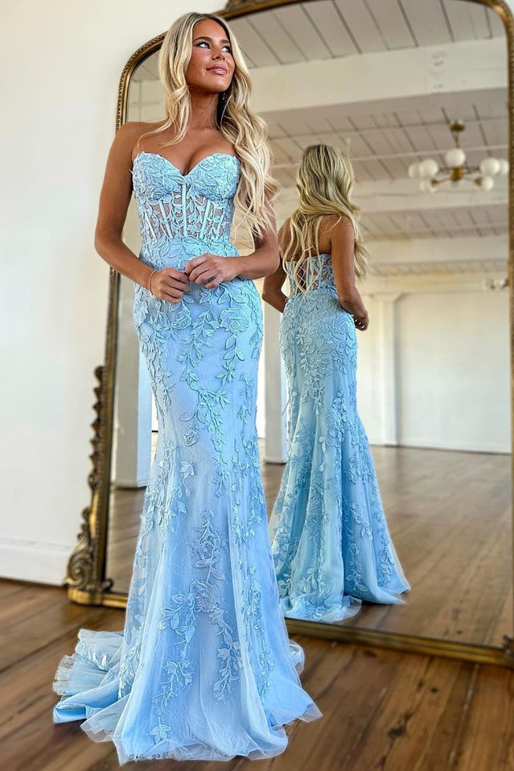 Luuvis Women Pretty Lilac Mermaid Sweetheart Lace Up Long Tulle Prom Dress with Appliques Luuvis Women Pretty Lilac Mermaid Sweetheart Lace Up Long Tulle Prom Dress with Appliques