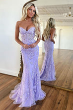 Load image into Gallery viewer, Pretty Lilac Mermaid Sweetheart Lace Up Long Tulle Prom Dress with Appliques