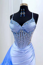 Load image into Gallery viewer, Gorgeous Mermaid Spaghetti Straps Blue Corset Prom Dress with Beading