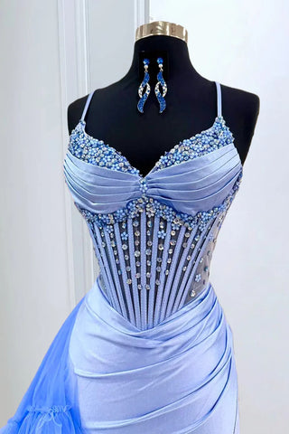 Gorgeous Mermaid Spaghetti Straps Blue Corset Prom Dress with Beading