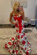 Load image into Gallery viewer, Sweety Mermaid Spaghetti Straps Pink Floral Printed Long Prom Dress with Bowknot