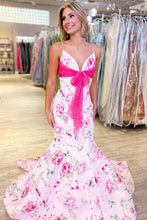 Load image into Gallery viewer, Sweety Mermaid Spaghetti Straps Pink Floral Printed Long Prom Dress with Bowknot