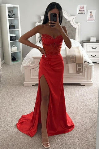 Pretty Red Mermaid Strapless Long Satin Prom Dress With Beading