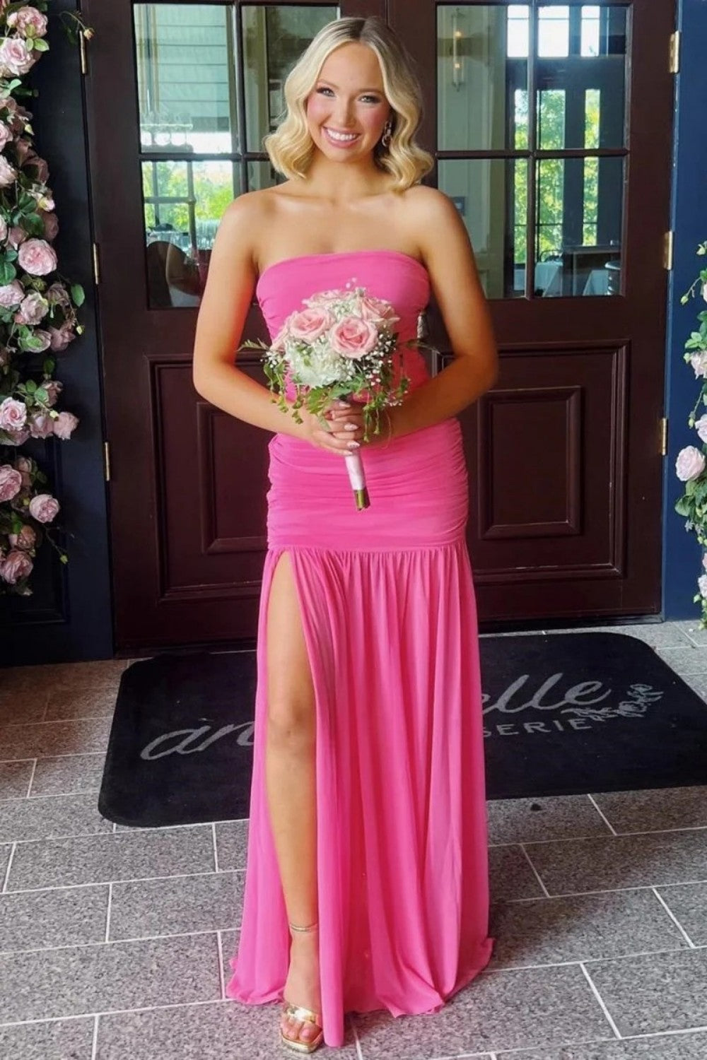 Pretty Sheath Strapless Hot Pink Long Prom Dress with Split Front