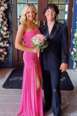 Pretty Sheath Strapless Hot Pink Long Prom Dress with Split Front