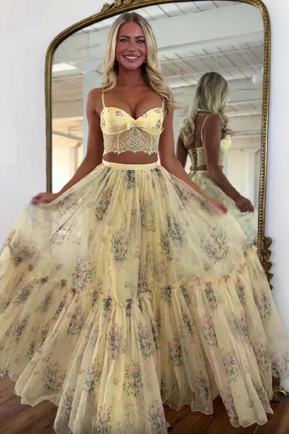 Pretty Two Piece Spaghetti Straps Yellow Long Prom Dress with Lace Ruffles