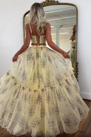 Pretty Two Piece Spaghetti Straps Yellow Long Prom Dress with Lace Ruffles