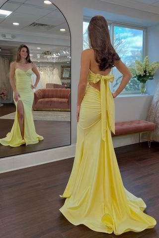 Pretty Mermaid Sweetheart Yellow Long Prom Dress with Bowknot Back