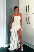 Load image into Gallery viewer, Pretty Sheath Strapless Pink Long Party Dress with Ruffles Split Front