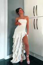 Load image into Gallery viewer, Pretty Sheath Strapless Pink Long Party Dress with Ruffles Split Front