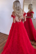 Load image into Gallery viewer, Stunning A-Line Feather Straps Long Ruffle Tulle Prom Dress With Split
