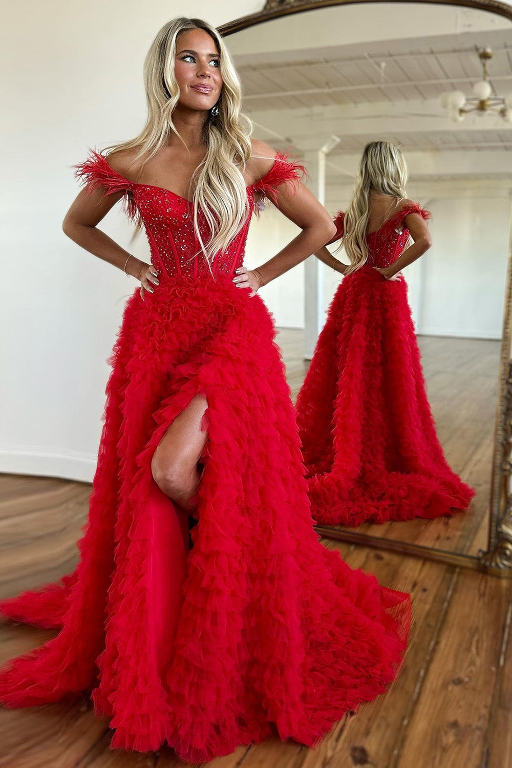 Luuvis Stunning A-Line Feather Straps Long Ruffle Tulle Prom Dress With
