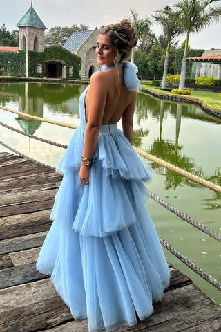 Princess A Line Halter Neck Blue Tulle Long Prom Dress with Ruffles
