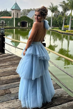 Load image into Gallery viewer, Princess A Line Halter Neck Blue Tulle Long Prom Dress with Ruffles
