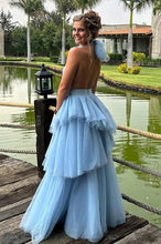 Load image into Gallery viewer, Princess A Line Halter Neck Blue Tulle Long Prom Dress with Ruffles
