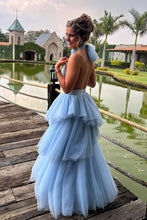 Load image into Gallery viewer, Princess A Line Halter Neck Blue Tulle Long Prom Dress with Ruffles
