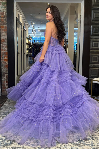 Princess A Line Halter Neck Lilac Corset Prom Dress with Ruffles